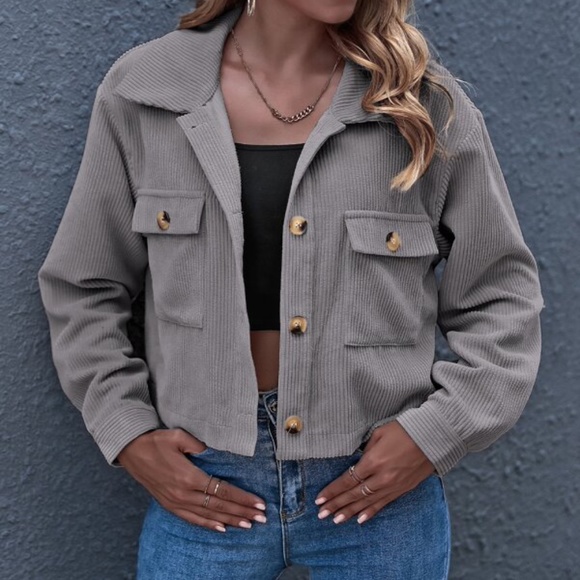 Grey button up pocket corduroy classic jacket shacket - Picture 2 of 7